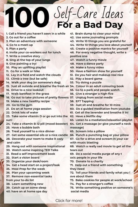 100 Self Care-Ideas for When You're Feeling Down! Re-charge your mental health by adding to your self-care routine! Reduce stress and helping your mental wellness #selfcareideas #selfcareroutine #mentalhealthmatters #mentalhealthawareness 100 Days Of Self Care, 100 Days Glow Up Challenge, Mental Care Routine, Glow Up Tasks, Relaxation Day Ideas, Daily Routine For Mental Health, How To Change Your Lifestyle, How To Start Working On Yourself, 100 Self Care Ideas