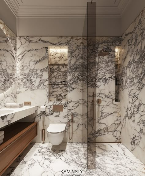 Renaissance | Apartment on Behance Black And White Marble Bathroom, Parisian Bathroom, White Marble Bathrooms, Townhouse Interior, Guest Toilet, Hotel Room Design, Bathroom Design Inspiration, Bathroom Inspiration Decor, Bathroom Design Luxury