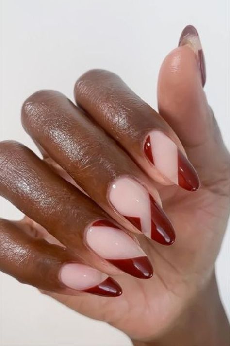 Negative Space Nails Short Square, Geometric Nail Designs, Gel Nail Ideas, Red Chrome Nails, Negative Space Nail Art, Red Gel Nails, Negative Space Nails, Velvet Nails, Space Nails