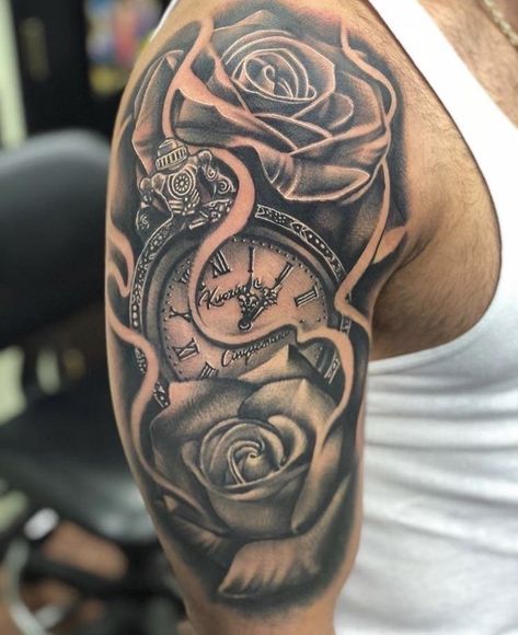 Shoulder To Elbow Tattoo Sleeve Men, Upper Arm Tattoo Men Ideas, Tattoo Ideas For Men Upper Arm, Upper Arm Tattoo Men Half Sleeves Ideas, Inner Bicep Tattoo Men Ideas Design, Upper Shoulder Tattoo Men Ideas Design, Upper Shoulder Tattoo Men Ideas, Tato Jam, Upper Half Sleeve Tattoos