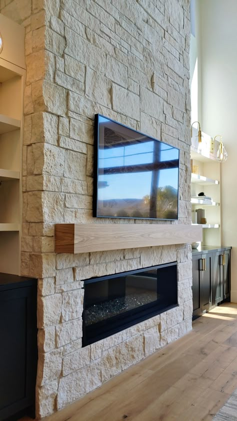 Stone Fireplace With Linear Fireplace, White Fireplace Stacked Stone, Modern Fireplace Ideas With Tv Stone, Built Out Fireplace Wall Stone, Diy Stone Fireplace Tv Wall, Stone Fireplace With Electric Fireplace, Classic Stone Fireplace, Stone Fireplace Floor To Ceiling Modern, Electric Fireplace Stone Surround