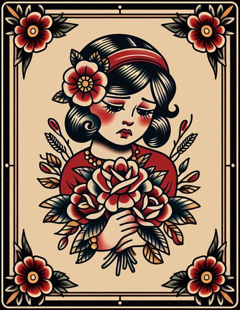 Women’s American Traditional Chest Tattoo, Traditional Lady Head Tattoo Flash, American Traditional Painting, American Traditional Woman, American Traditional Pinup, Traditional Tattoo Girls, Sailor Jerry Tattoo Flash, Traditional Tattoo Drawings, Traditional Tattoo Old School