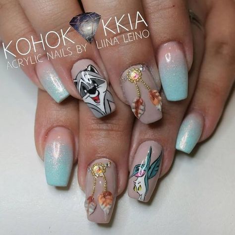 Unicorn Nails Designs, Fan Nails, Disney Inspired Nails, Disney Acrylic Nails, Disney Pocahontas, Nail Art Disney, Crazy Nails, Simple Nail Art Designs, Disney Nails