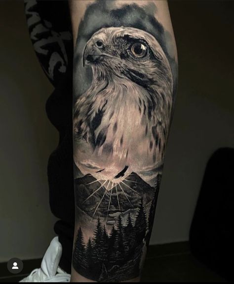 Eagle And Wolf Tattoo Design, Eagle Scenery Tattoo, Forest Eagle Tattoo, Wolf Scenery Tattoo, Wolf Landscape Tattoo, Wolf And Moon Tattoo, Cool Animal Tattoos, Scroll Tattoos, Animal Sleeve