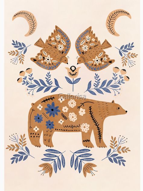 "Norwegian Folk Art | Scandinavian Folk Art | Modern Farmhouse | Swedish Folk Art | Woodland Animal | Nordic Wall Art" T-shirt by Gallerisa | Redbubble Swedish Folk Art Scandinavian Design, Norwegian Embroidery Patterns Folk Art, Scandinavian Motifs Folk Art, Swedish Patterns Folk Art, Scandinavian Wall Paint, Scandinavian Folk Art Embroidery, Scandinavian Folk Decor, Folk Animals Illustration, Scandinavian Folk Art Wallpaper