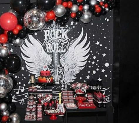 Rock N Roll Backdrop, Rock And Roll Backdrop, Punk Rock Party Theme, Rock Theme Party, Rock And Roll Theme Party, Rock And Roll Party Decorations, Born Two Rock, Punk Rock Party, Festa Rock Roll