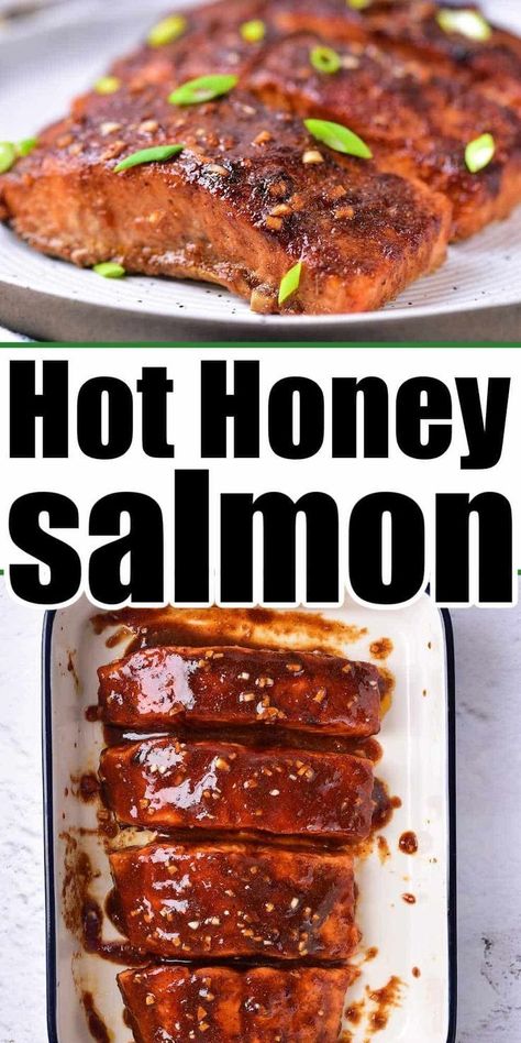 If you're looking for a healthy dinner recipe, try our hot honey salmon. It's super easy to make - just cover the fish with a dry rub and drizzle it with a sweet and spicy sauce. Our guide will help you bake and sear this delicious seafood to perfection. You'll need hot honey, hot sauce, soy sauce, brown sugar, and a tasty blend of seasoning to make this Salmon recipe. Serve it with rice or veggies for an easy dinner idea everyone will love. Hot Honey Salmon, Honey Hot Sauce, Honey Salmon Recipes, Honey Baked Salmon, Cook Frozen Salmon, Salmon In The Oven, Hot Honey Sauce, Hot Honey Recipe, Oven Salmon