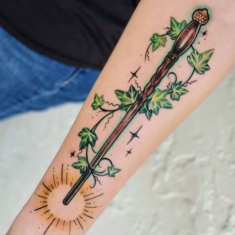 Wand Tattoos, Golden Tattoo, Harry Potter Tattoo Sleeve, Dino Tattoo, Tattoo Dream, Bestie Tattoos, Dinosaur Tattoo, Wand Tattoo, Hp Tattoo