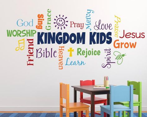 Sunday School Room Decor, Kids Church Rooms, Kids Church Decor, Fellowship Hall, Sunday School Rooms, Sunday School Classroom, Word Collage, Church Nursery, Youth Room