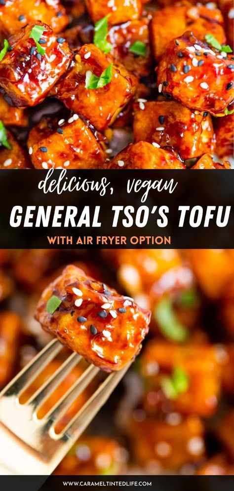 Delicious vegan General Tso's tofu made in a sticky, sweet and sour sauce. Made with crispy tofu tossed in a sticky sauce. Decious, easy, vegan recipe! Make in the air fryer or bake in the oven. General Tsos Tofu Recipes, Asian Tofu Air Fryer Recipes, Tofu General Tso Recipes, Sesame Tofu Air Fryer, Best Tofu Recipes Air Fryer, Sweet And Sour Tofu Air Fryer, Air Fryer Tofu Asian, Vegan Tofu Air Fryer Recipes, Tofu Airfryer Recipe