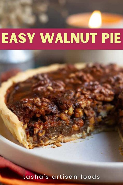 An image of an easy walnut pie. Hickory Nut Pie, Walnut Pie Recipe, Walnut Pie Crust Recipe, Walnut Desserts, Walnuts Recipe, Walnut Dessert, Walnut Pie, Easy Tart Recipes, Honey Walnut