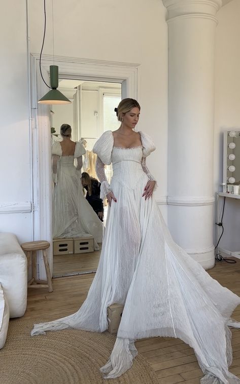 Stunning wedding dress with statement sleeves and draped a line skirt. The macye dress by cinq bridal Juliette Sleeve Wedding Dress, Unique Sleeved Wedding Dresses, Long Sleeve Unique Wedding Dresses, Wedding Dress With Baggy Sleeves, Drop Waist Long Sleeve Wedding Dress, Detachable Sleeves For Wedding Dress, Cinq Bridal Dresses, Edgy Wedding Dress Unique, Gauzy Wedding Dress