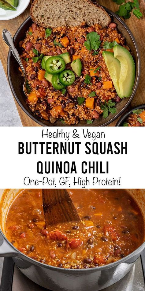 High Protein Chili, Protein Chili, Squash Chili, Squash Quinoa, Butternut Squash Quinoa, Vegan Butternut Squash, Butternut Squash Chili, Quinoa Chili, Avocado Vegan