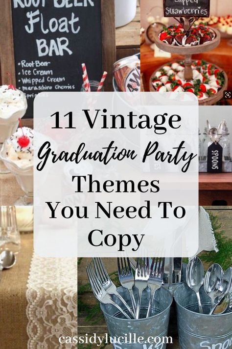 11 vintage graduation party decoration ideas perfect for rustic high school graduation parties. These vintage graduation party ideas are fun and perfect for every 2019 grad! Party In The Woods Ideas, Vintage Graduation Party Ideas, Retro Graduation Party, High School Graduation Party Food, Graduation Party Decoration Ideas, High School Graduation Party Themes, Vintage Graduation Party, Rustic Graduation Party, Boho Graduation