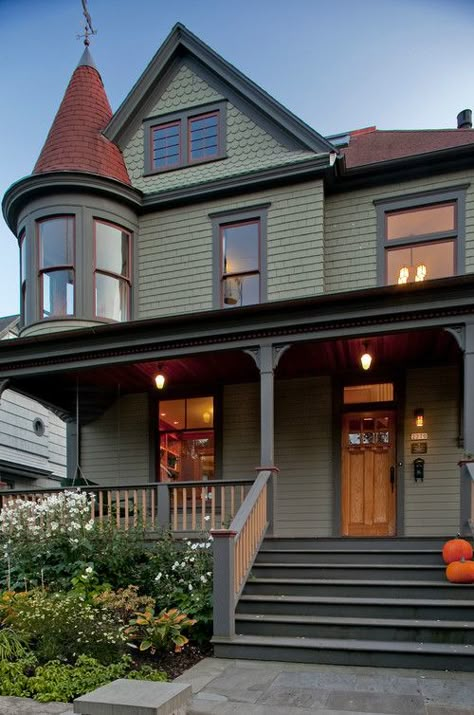 Choosing Exterior Paint Colors - Town & Country Living, victorian house, green house, front porch, turret Exterior Paint Combinations, Victorian House Colors, Green House Exterior, Victorian Porch, Victorian Exterior, Traditional Porch, Best Exterior Paint, House Paint Color Combination, Exterior House Paint Color Combinations