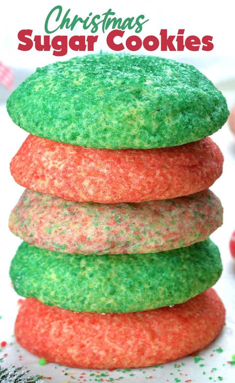 Classic sugar cookies can look super festive and fun if you roll cookie dough in colored sugar. Sparkling red and green Christmas sugar cookies are perfect, easy Christmas dessert recipe. Classic Sugar Cookie Recipe, Christmas Cookie Frosting, Easy Christmas Dessert, Christmas Sugar Cookie Recipe, Easy Dessert Recipes Christmas, Cookie Exchange Recipes, Christmas Desserts Easy, Sugar Cookie Recipe, Best Sugar Cookies