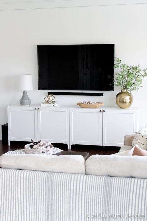 Modern Media Console | IKEA BESTA Hack - Caitlin Marie Design Add Legs To Ikea Besta, Ikea Tv Console Ideas, White Oak Media Console, Besta Desk Hack, Ikea Besta Tv Stand, Ikea Entertainment Center, Michigan Living, Ikea Hack Living Room, Ikea Bestå Hack