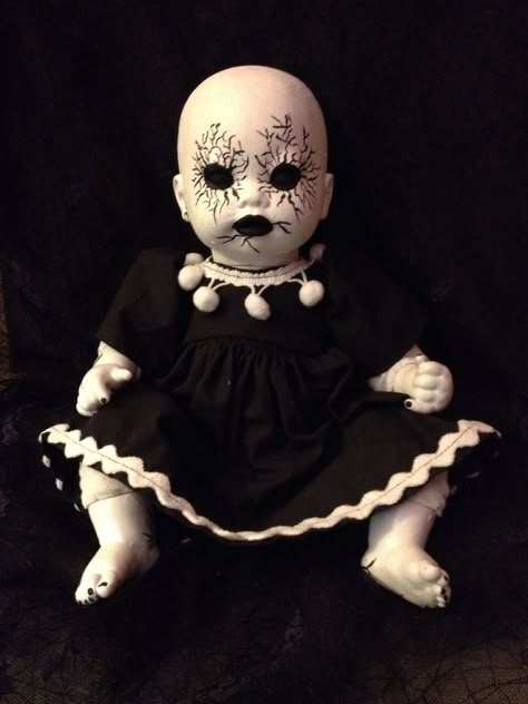 DIY Creepy Doll...www.facebook.com/uniquelyunhinged.com Creepy Doll Painting, Creepy Doll Heads Diy, Creepy Painted Dolls, Zombie Baby Dolls Diy, Creepy Halloween Drawings Ideas, How To Make Creepy Dolls, Horror Dolls Diy, Scary Dolls Creepy, Creepy Dolls Diy