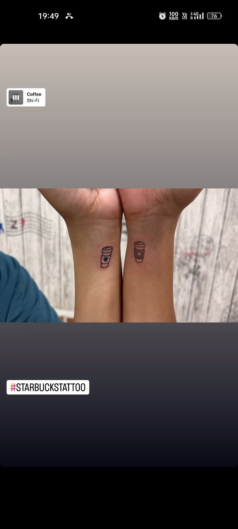 Coffee Best Friend Tattoo, Coffee Friendship Tattoo, Coffee Tattoo For Couples, Starbucks Tattoo Ideas, To Go Coffee Cup Tattoo, Starbucks Coffee Tattoo, Coffee Couple Tattoo, Coffee Matching Tattoo, Best Friend Coffee Tattoos