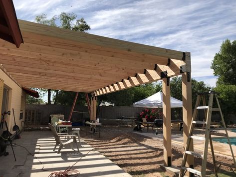 Slanted Patio Cover, Diy Deck Cover Cheap, Diy Covered Patio Attached To House Wood, Covered Patio And Pergola Combo, Patio Shelter Ideas, Covered Patio On Ranch House, Flat Covered Patio, Ranch House Patio Cover, Backyard Covered Porch Ideas