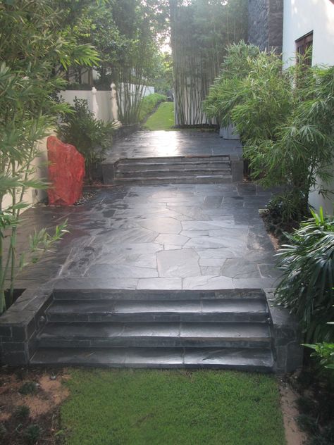 Black Stone Patio, Black Slate Patio, Black Patio Floor, Boulder Fountain, Side Yard Garden, Back Porch Makeover, Florida Backyard, Stone Installation, Chicago Landscape