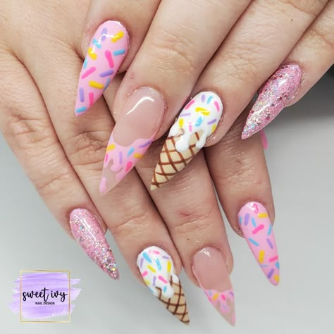 Sprinkle Acrylic Nails, Ice Cream Cone Nails Designs, Sprinkle Nails Acrylic, Sprinkle Nail Designs, Happy Nails Ideas, Nail Inspo Fun Design, Birthday Nail Set Ideas March, Birthday Nails For March, Ice Cream Drip Nails