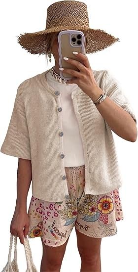 SCUSTY Women's Lightweight Cardigan Short Sleeve Button-Down Summer Cardigan Sweater(Cream-M) at Amazon Women’s Clothing store White Ruffle Skirt, Ruffled Skirts, Comfy Cardigan, Cardigan Short, Fall Pants, Summer Cardigan, Sweater Cream, Cardigan Sweaters, Skirts Jeans