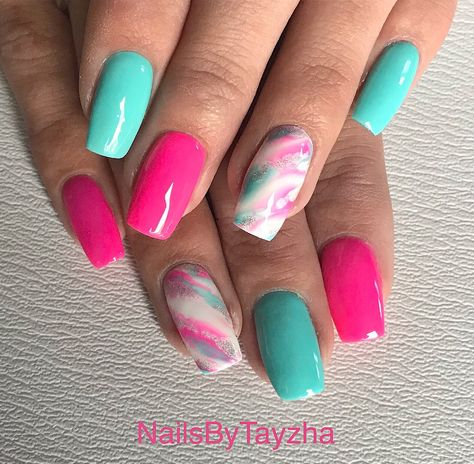 Teal And Pink Nail Designs, Teal And Pink Nails Acrylic, Bright Pink And Teal Nails, Bright Cruise Nails, Tiffany Blue And Pink Nails, Pink And Turquoise Nails Summer, Pink Purple Teal Nails, Teal Pink Nails, Hot Pink And Turquoise Nails