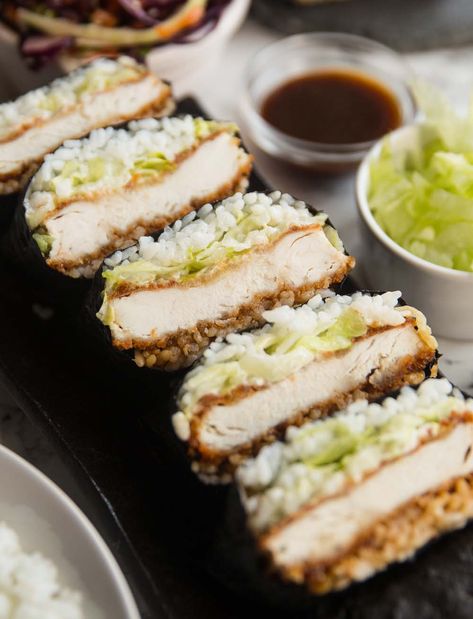 Chicken Katsu Onigirazu, Chicken Katsu Musubi, Sushi Calories, Katsu Don, Sushi Sandwiches, Katsu Chicken, Creamy Honey Mustard Chicken, Rice Sandwich, Chicken Sushi