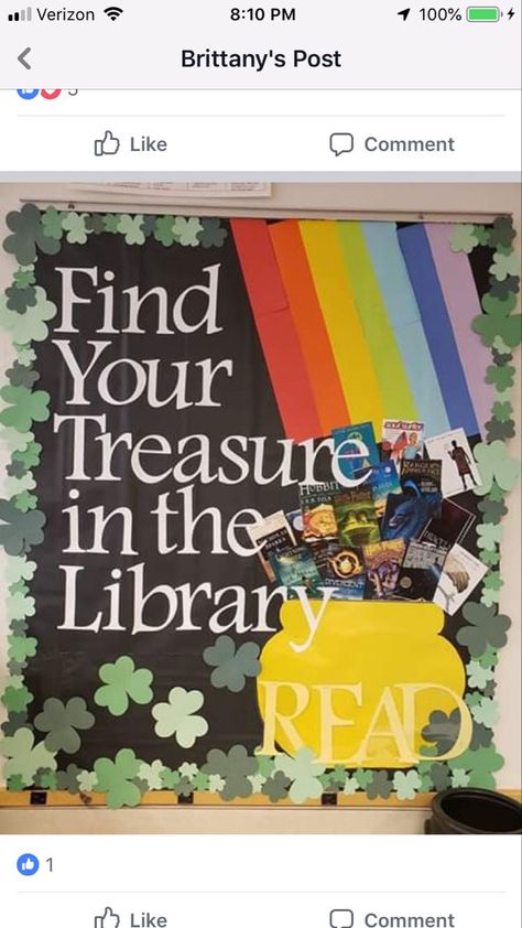 March Display Ideas, March Reading Bulletin Board Ideas, Library Board Decoration Ideas, St Patricks Day Library Display, Monthly Library Themes, March Is Reading Month Bulletin Board, March Window Display Ideas, Library Spring Bulletin Boards, Reading Month Bulletin Board Ideas