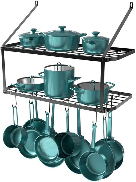 Over The Kitchen Sink Ideas, Lemari Industrial, Pan Hanging Rack, Pot Rack Ideas, Kitchen Rack Design, Pots And Pans Storage, Pot Rack Wall, Garage Craft Room, Wall Mounted Pot Rack