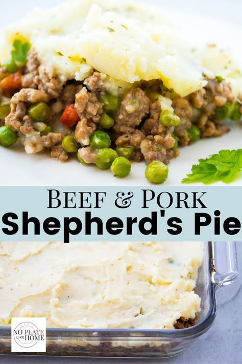 This easy recipe for Shepherd's Pie is made with both ground beef and ground pork which gives it extra good flavor. It's a spin on traditional Shepherd's Pie. It also has a yummy brown gravy. Get the step-by-step instructions for this recipe including how to make mashed potatoes too! Click the link to get the printable recipe and photography. Gravy Mashed Potatoes, Pork Pie Recipe, Make Mashed Potatoes, Ground Pork Recipes, Pork Recipes For Dinner, Slow Cooker Beef Stroganoff, Shepards Pie, Beef And Pork, Pork Recipes Easy