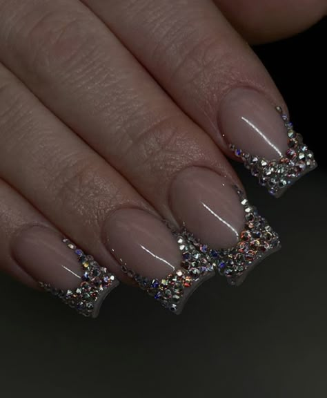 Crystal Tip Nails, Jewel French Tip Nails, Bedazzled French Tip Nails, Diamond French Tip Nails, French Tip Bling Nails, Mini Nails, Glitter Toe Nails, Glitter French Nails, Glitter Nails Acrylic