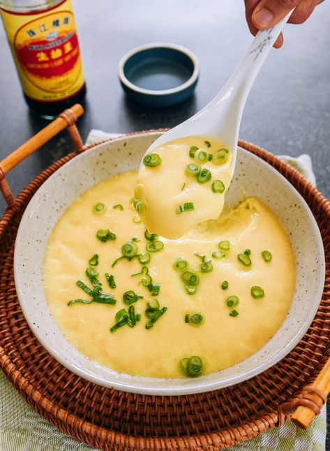 Steamed Eggs (蒸蛋) - The Woks of Life Japanese Steamed Egg, Steamed Egg Recipe, Chinese Steamed Egg, Steamed Eggs Chinese, Steamed Food Recipes, Chinese Eggs, Breakfast Soups, Steam Egg Recipe, Steamed Recipes