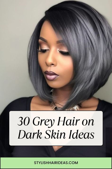 Find your perfect grey hair style with these 30 fabulous ideas designed for dark skin tones. From ombré greys to full silver curls, discover how to elevate your grey hair game! #SilverHair #GreyHairStyles Hair Color For Gray Hair Highlights, Smoky Silver Hair Color, Grey And Black Hair Black Women, Color To Blend Gray Hair Dark Brown, Black Hair With Dark Grey Highlights, Bayalage Grey Blending, Grey Blending Highlights Black Hair, Gray Bob Black Women, Silver Hair With Highlights