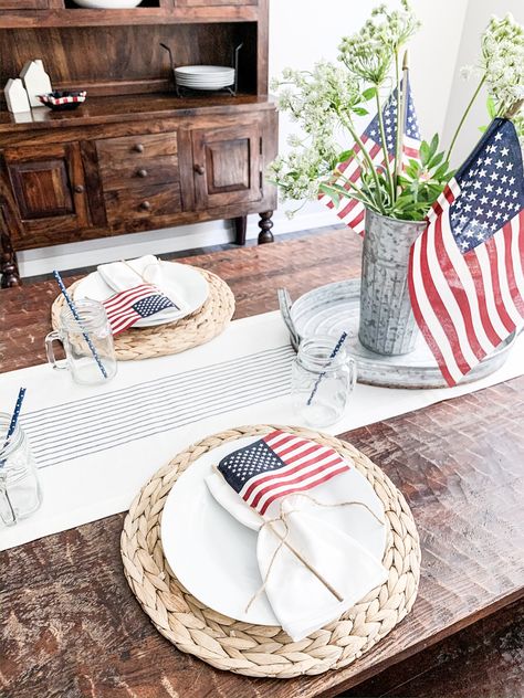 Fourth Of July Centerpieces Simple, Elegant 4th Of July Decor, July 4th Tablescape, Classy 4th Of July Decorations, Subtle 4th Of July Decor, Minimalist 4th Of July Decor, 4th Of July Centerpieces, Subtle Patriotic Decor, Fourth Of July Tablescapes