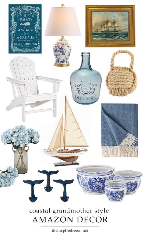 The Inspired Room theinspiredroom.net's Amazon Page Romanticizing Your Life, White Adirondack Chairs, Grandmother Style, Grandmother Aesthetic, Bedroom Coastal, Aesthetic Coastal, Blue And White Chinoiserie, Nancy Meyers, Amazon Decor