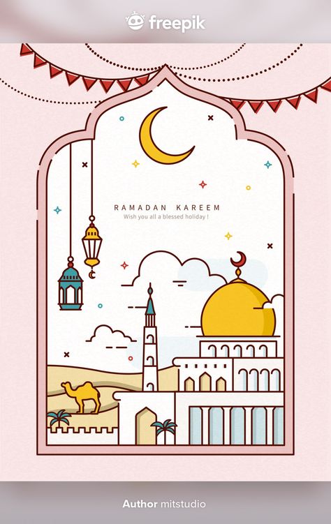 Ramadan line style design with mosque in the desert Premium Vector Mosque Art Illustration, Ramadan Design Poster, Ramadan Design Ideas, Ramadan Sketch, Maulidur Rasul Poster, Eid Mubarak Design Illustration, Ramadan Drawings, Poster Ramadhan Design, Ramadan Drawing Ideas