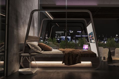 A 70-inch retractable screen equipped smart bed to keep you healthy and entertained! Unique Bed Frames, Relaxation Station, Smart Bed, Bed Frame Design, Four Poster Bed, Toy Art, Unique Beds, Smart Furniture, Design Del Prodotto