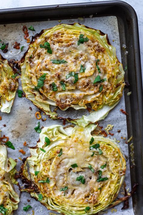 These Roasted Cheesy Cabbage Steaks make the most delicious side dish and you'll LOVE how easy they are to make. It's a dish that feels fancy but is super simple! Cheesy Cabbage Steaks, Cheesy Cabbage, Baked Cabbage, Cabbage Steaks, Healthy Pancake Recipes, Roasted Cabbage, Roasted Mushrooms, Party Appetizers, Cabbage Recipes