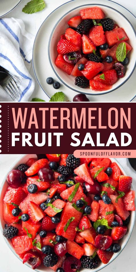 Watermelon fruit salad recipe is a simple side dish recipe that can make your day extra special. It easy to make, very refreshing and delicious. Watermelon fruit salad is one of the best easy summer salads you can have. Save this for your must-try! Salad Mint, Watermelon Fruit Salad, Salad Watermelon, Berry Fruit Salad, Honey Dressing, Fruit Salad Easy, Spring Fruit, Berry Salad, Lemon Honey