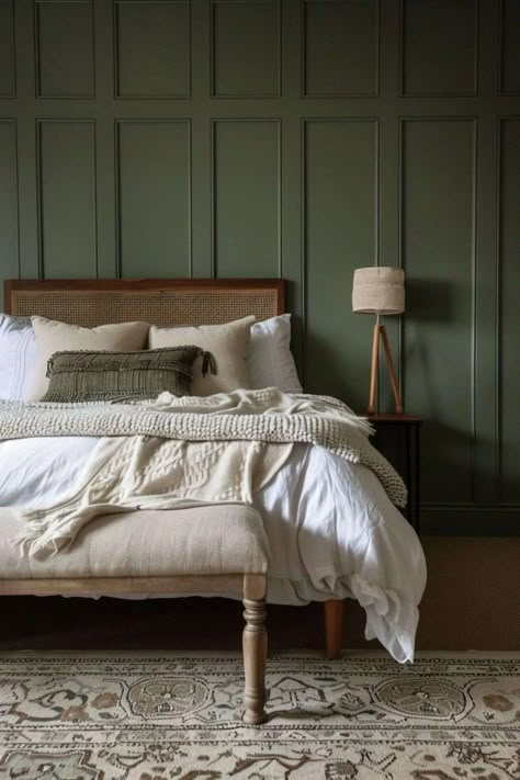 Dark Green Decor, Green Decor Ideas, Dark Green Bedroom Ideas, Green Bedroom Paint, Dark Green Bedroom, Green Bedroom Ideas, Home Bedroom Design, Restful Bedrooms, Green Accent Walls