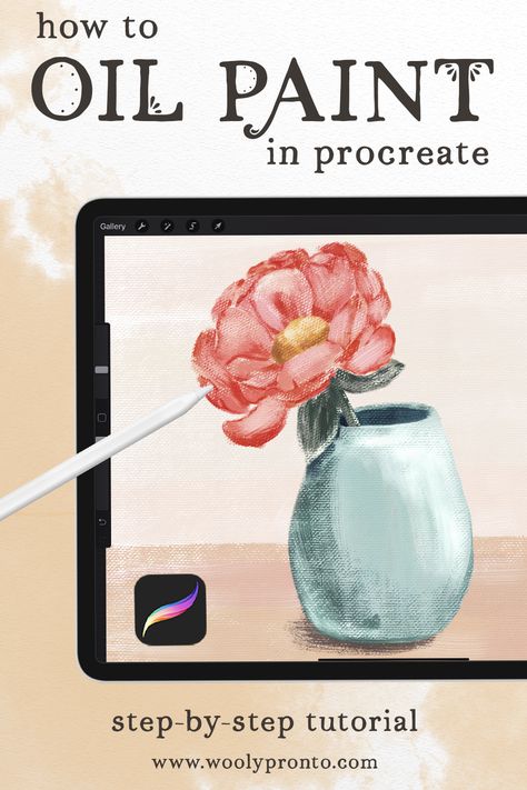 How to oil paint in Procreate following this step by step tutorial! Using Oil on Canvas brushes from Uproot, paint this flower still life!  #procreatetutorial #oilpaintprocreate #procreateideas #howtopaintinprocreate #uprootbrushes #woolyprontotutorial #digitalarttutorial #stepbystepprocreate #procreatestepbystep #oiloncanvasprocreate #oiloncanvasbrushes #procreateinspiration #procreateprojects #tutorialsforprocreate #procreateart #procreate #stilllife #realisticoilpainting #digitaloilpaint Paint In Procreate, Painting On Procreate, Painting In Procreate, Oil Painting Procreate, How To Paint In Procreate, Oil Paint Procreate, Oil Painting In Procreate, How To Use Reference In Procreate, How To Paint Water Procreate