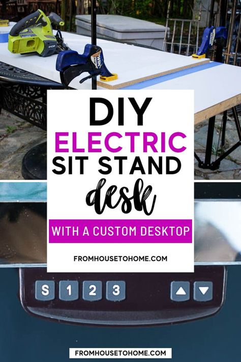 Learn how to build your own DIY electric sit stand desk with a custom desktop that matches your design style and saves you money. Corner Standing Desk, Blue Home Offices, Diy Furniture Makeover Ideas, Electric Sit Stand Desk, Electric Desk, Sewing Room Storage, House To Home, Electric Standing Desk, Expensive Furniture