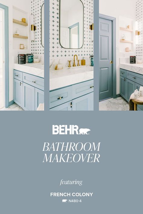 Behr French Colony Bedroom, Blue Paint Bathroom Ideas, French Colony Behr, French Colony Behr Paint, Behr French Colony, Behr Paint Colors Blue, Behr Palette, Blue Paint Bathroom, Bathroom Wall Cabinet Ideas