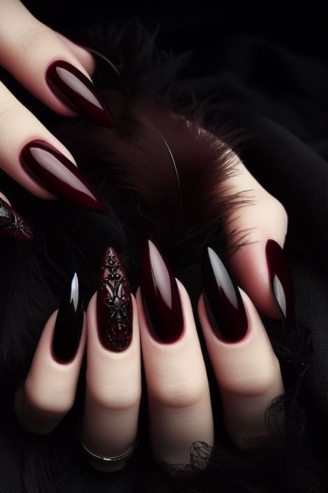 Gothic Chrome Nails, Dark Nail Designs Gothic, Red Gothic Nails, Moody Nails, Vampy Nails, Maroon Nail Designs, Maroon Nail, Red Stiletto Nails, Vampire Nails