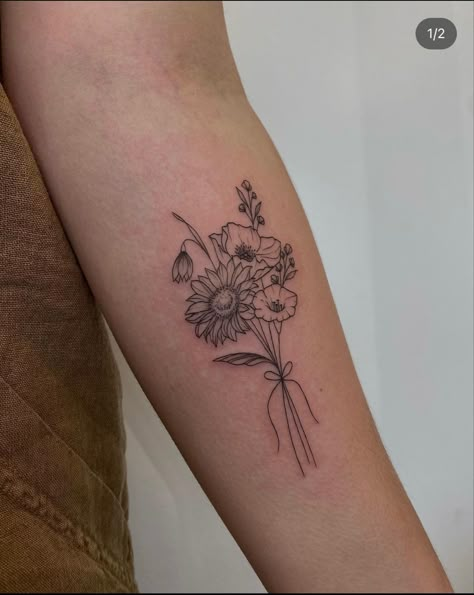 Daisy And Poppy Flower Tattoo, Bouquet Arm Tattoo, Bouquet With Ribbon Tattoo, Floral Bouquet Tattoo Forearm, Bouquet Of Flowers Drawn By Family Tattoo, Fine Line Sunflower Bouquet Tattoo, Sunflower Rose And Lily Tattoo, September Flower Bouquet Tattoo, October And April Birth Flower Tattoo