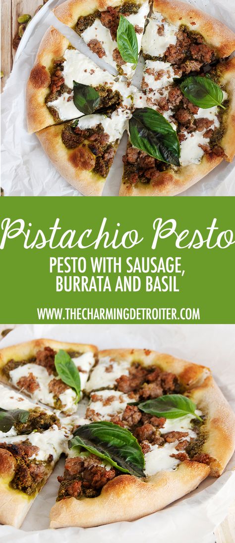 Pistachio Pesto Pizza, Pistachio Pizza, Pizza With Sausage, Pistachio Recipes, Dinner Favorites, Sausage Pizza, Fancy Dinner Recipes, Pistachio Pesto, Pesto Pizza