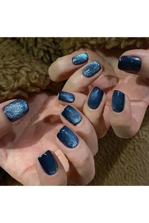 NAILKISS Dark Blue Wide Glitter Cat Eye Gel Nail Polish Set with Magnet for Holographic Wide Magnetic CatEyes Gel for Women Magnetic Nail Polish Short Nails, Dark Blue Magnetic Nails, Dark Blue Cateye Nails, Dark Blue Cat Eye Nails, Cateye Nails, Magnetic Gel Polish, Glitter Cat Eye, Magnetic Nail Polish, Magnetic Nails