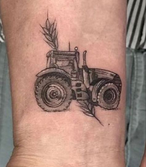 Farmers Tattoo Ideas, Tiny Tractor Tattoo, Farmer Memorial Tattoo, Farm Tattoo Ideas For Men, Farm Animal Tattoos For Women, Tractor Tattoo Memorial, Farming Tattoos For Guys, Farming Tattoos For Women, Tractor Tattoo Ideas